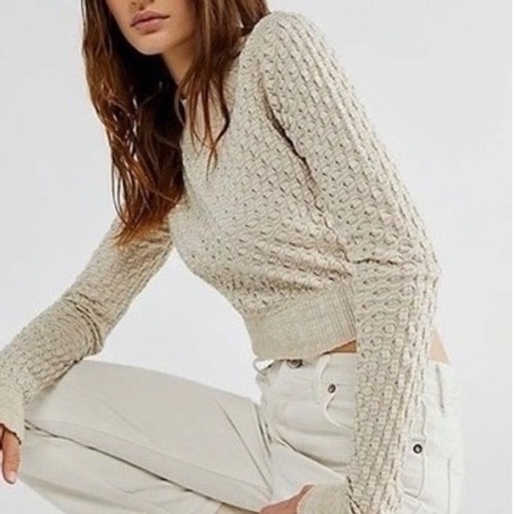 Free People Jane Top Cream White Honeycomb Textured Knit Long Sleeve Crop Small